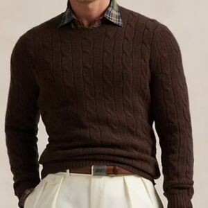 Polo Ralph Lauren Classic Cashmere unisex Brown Cable Knit Sweater Size Large